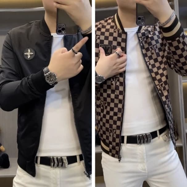 2025 light luxury high-end new men's fashion double-sided printed baseball jacket plaid jacket casual spring and autumn