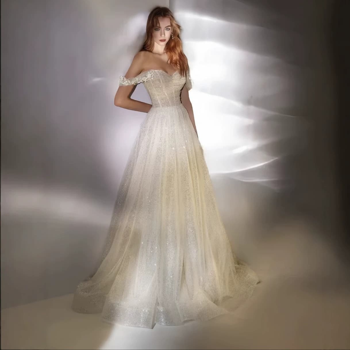 Wedding Dress Off Shoulder Light Wedding Dress New Bride Sparkle Silver Spray Beach Photoshoot Small Train Open Back Lace Up