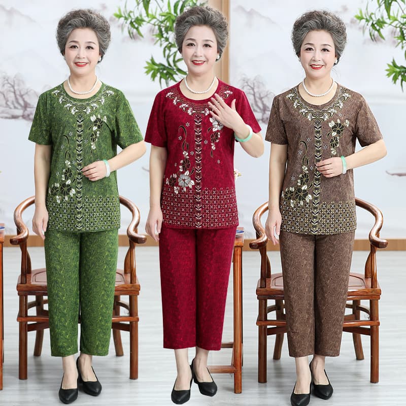 Ice Silk Summer Outfit Women's Short Sleeve T-Shirt and Seven-Five Pants Two-Piece Set for Elderly Ladies Fashionable and Comfortable