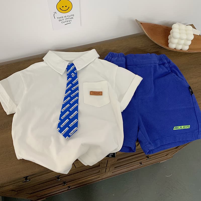 Boys Summer Short Sleeve Shirt Performance Polo Host Suit Tie Graduation Photo Pure Cotton White Shirt