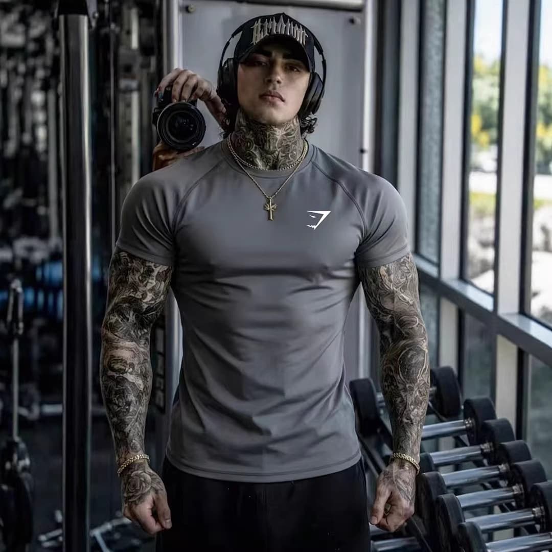 GYMSHARK Men's Summer Sports Cycling High Elasticity T-Shirt Quick-Dry Tight Training Fitness Shirt Trendy