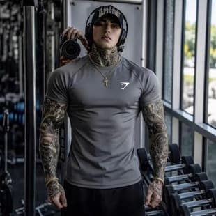 GYMSHARK Men's Summer Sports Cycling High Elasticity T-Shirt Quick-Dry Tight Training Fitness Shirt Trendy