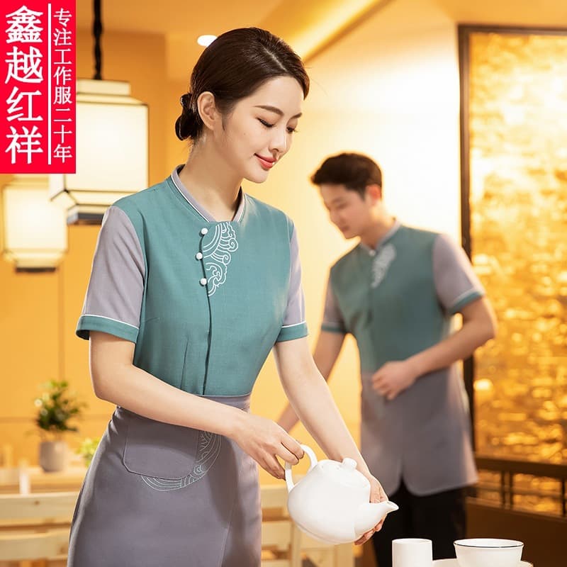 Waiter work clothes short-sleeved women's catering hotel high-end teahouse Chinese restaurant clothing hot pot restaurant hotel summer
