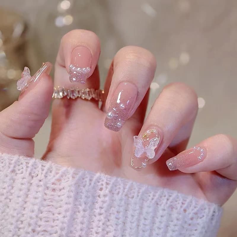 Ins Style Wearable Nail Tips Pearl Embedded Butterfly Design Fake Nails Short Ballet Shape Glittering Sweet Cool Trendy Nail Art