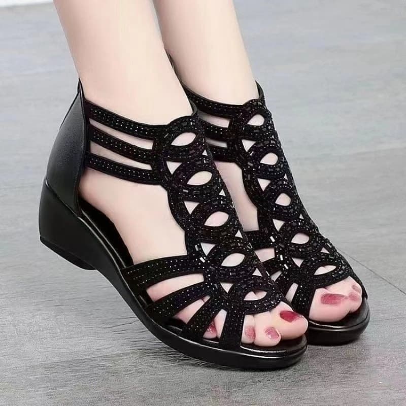 Women's Soft Leather Roman Sandals Summer New Style Soft Sole Mother Shoes Back Zipper Fashion Outdoor Women's Sandals Wedge Heel Women's Shoes