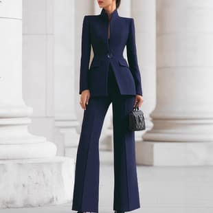 2026 European and American Women's Long-Sleeve Solid Color Pocket One-Button Blazer and Trousers Two-Piece Professional Suit