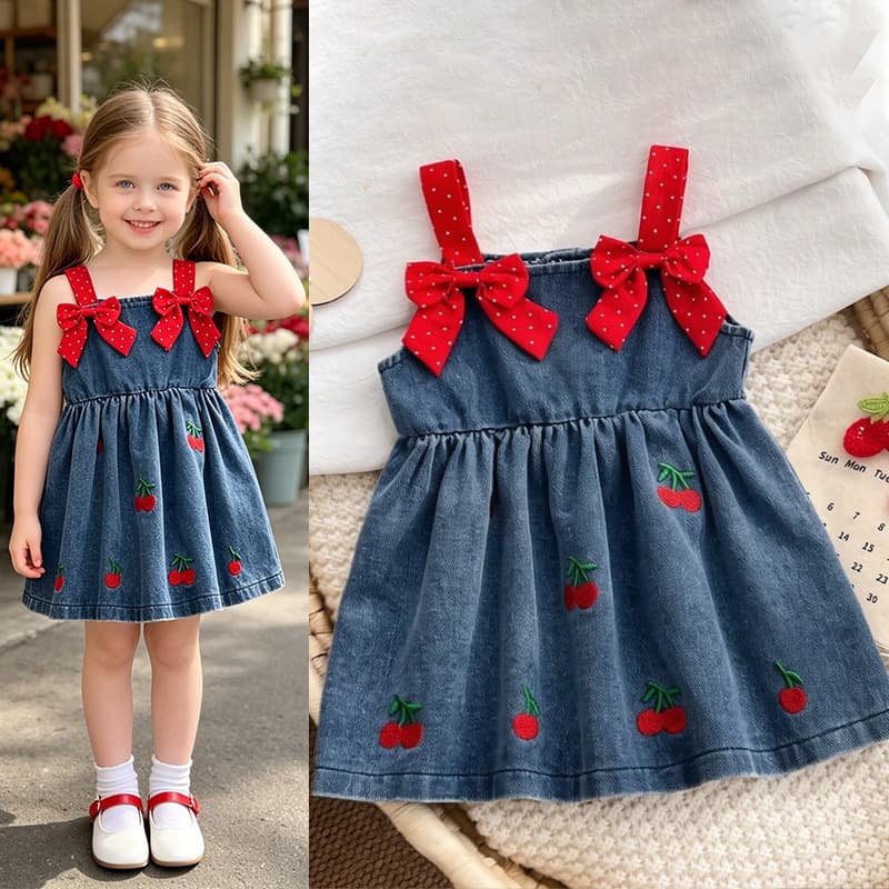 2026 summer clothing cross-border European and American foreign trade girls polka dot bow cherry embroidery denim suspender skirt