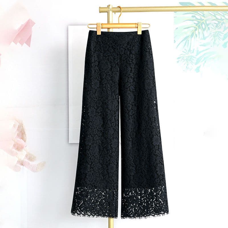Hollow-Out Lace Cropped Straight-Leg Women's Pants, High-Waisted Unique Wide-Leg Pants, Summer Thin Slimming Casual Wide-Leg Pants