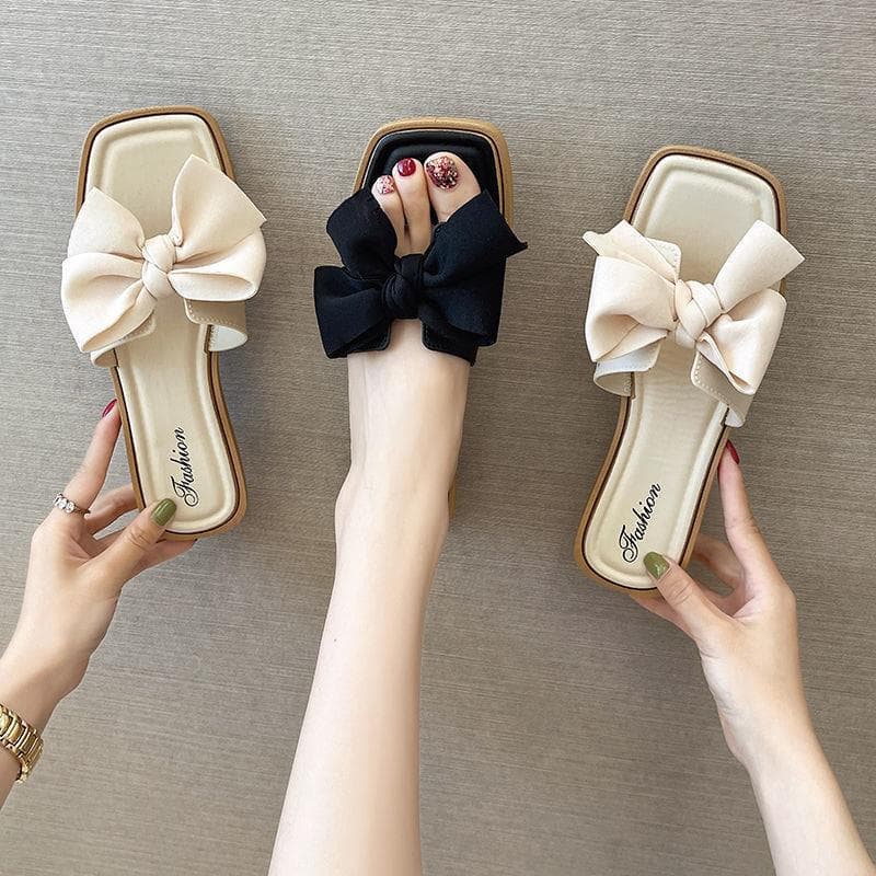 Women's Flat Slippers Fairy Style, New Spring/Summer Fashion Outdoor Flat Slippers with Bow Tie