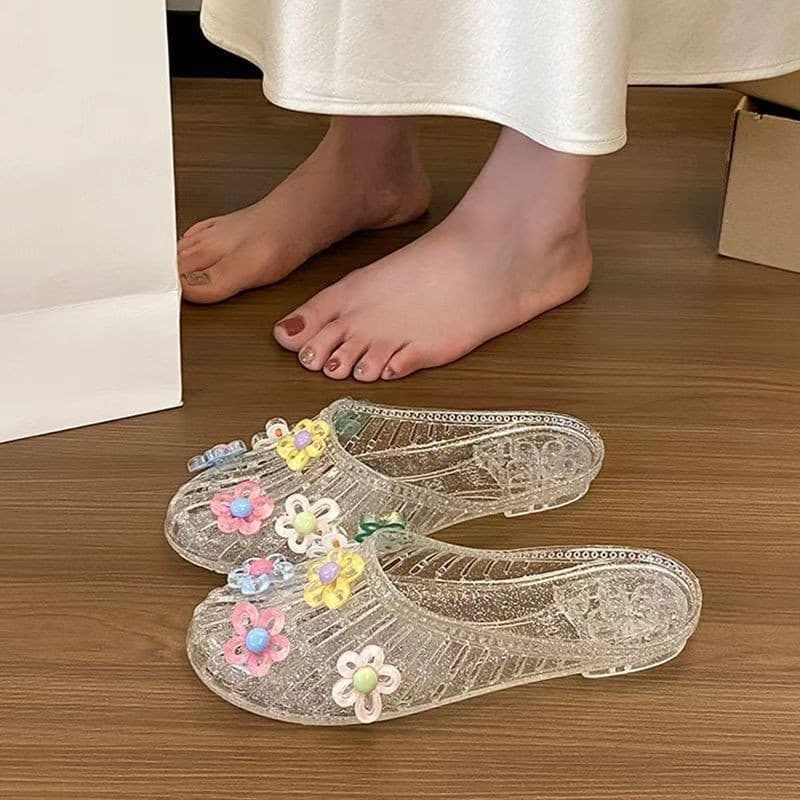 Fashion Women's Transparent Jelly Sandals Summer Casual Versatile Flat Half Slippers Round Toe Hollow Beach Shoes