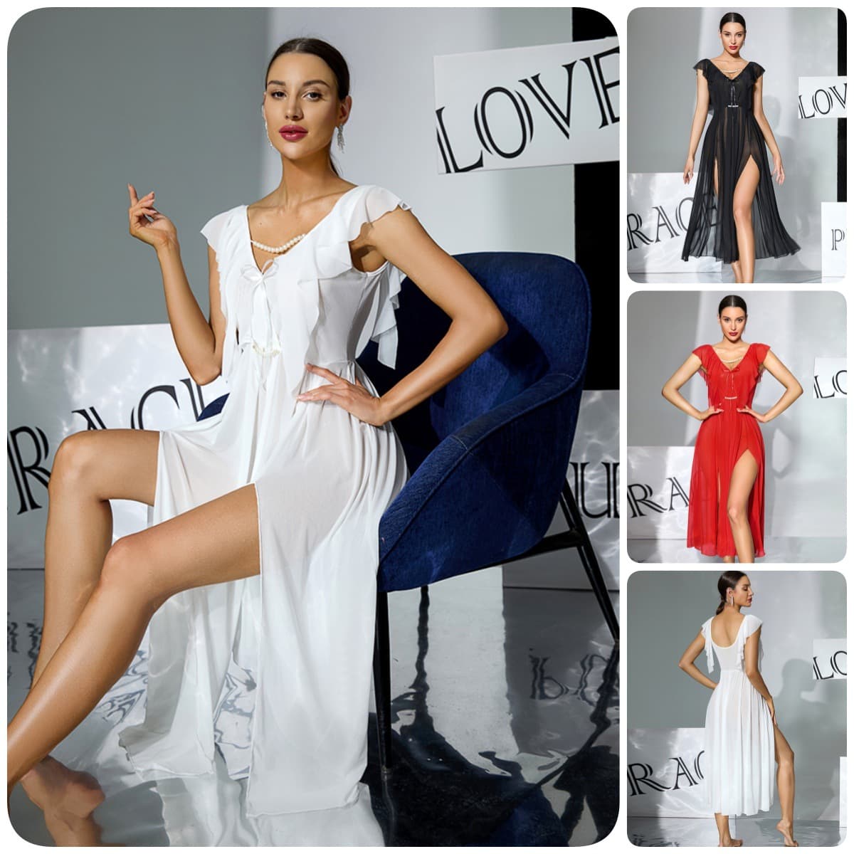 Amazon Sexy V-Neck Mesh Nightgown with Pearl Decoration and Slit, Long Nightgown in European and American Style for Women 1163