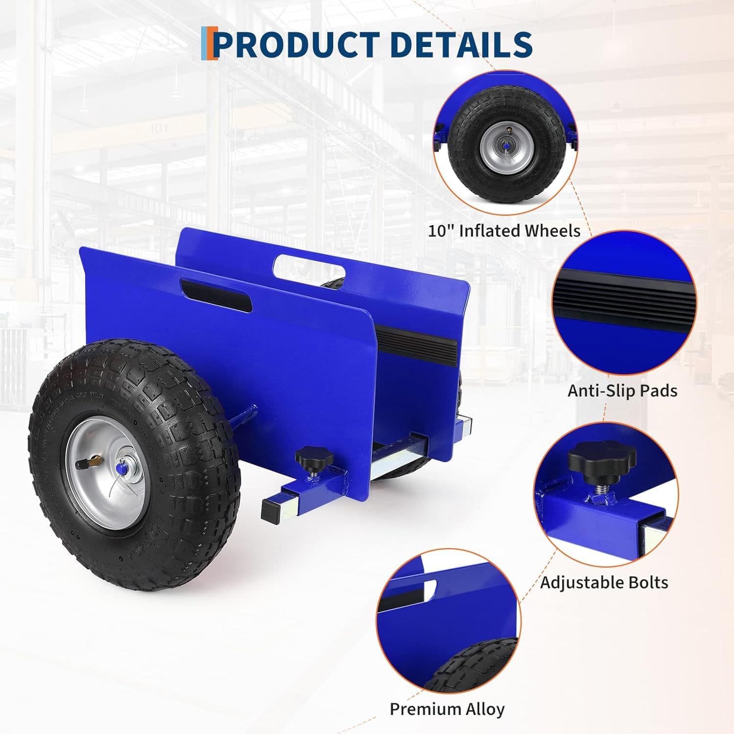 marble slab trolley with pneumatic wheels for moving and translating flatbed tool carts with four wheels