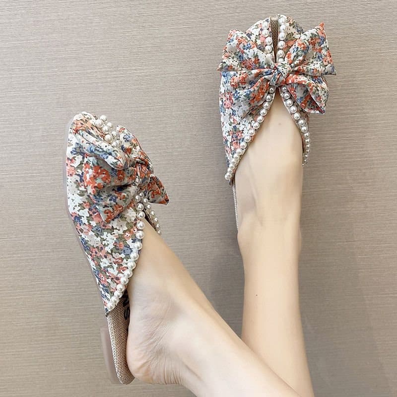 Women's Summer Slippers 2022 New Style Butterfly Knot Flat Fashionable Versatile Small Floral Pattern Closed Toe Peep Toe Mules