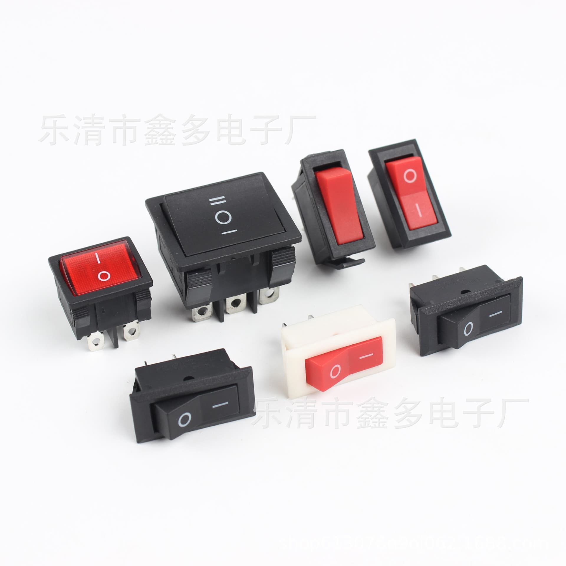 KCD5 Four-Prong Rocker Switch with Indicator Light; KCD9 Nine-Prong Three-Position Rocker Switch; KCD3 Two-Prong Rocker Switch with Red Cap