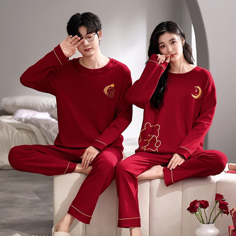 New Spring/Autumn Long Sleeve Long Pants Set for Women, 100% Cotton Pajamas, Red Couple Homewear for Wedding or Zodiac Year