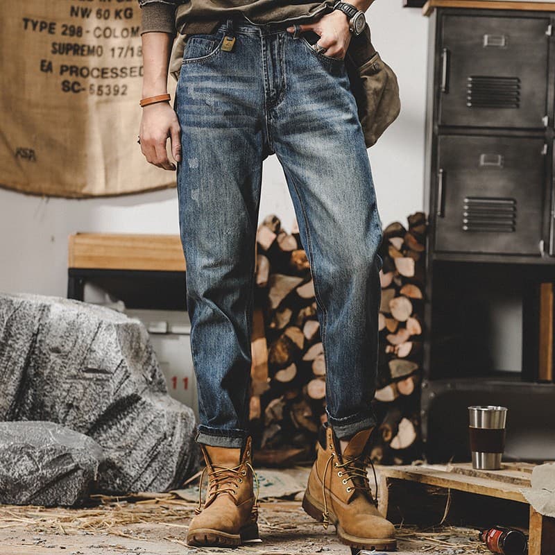 Winter thickened velvet American retro jeans men's loose large size straight trendy brand pants men's washed casual pants