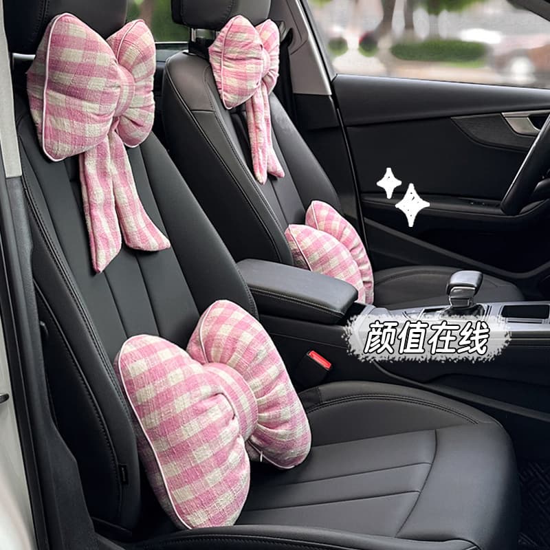 Pink bow car headrest, neck pillow, car seat cushion, lumbar pillow, four-season universal decorative car lumbar support