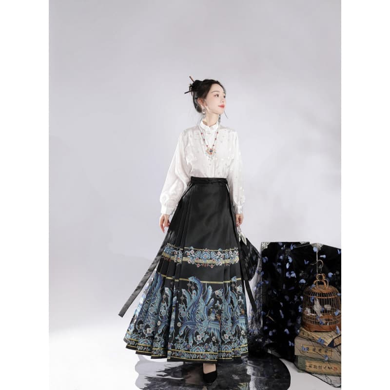 Phoenix Flying" Imitation Kingfisher Feather Gold-Woven Embroidered Horse-Face Skirt Elegant Retro New Chinese Slimming Long Skirt Traditional Style