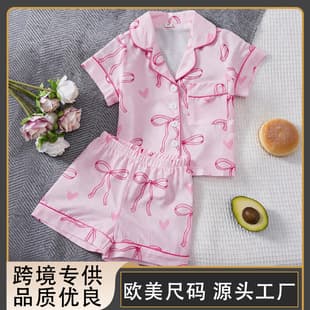 Cross-Border EU/US: Short Sleeve Shorts Girls' Pajamas Bowknot Children's Sleepwear Factory Direct
