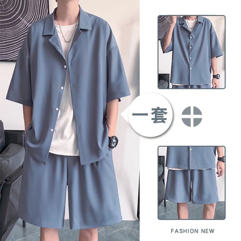 Summer Shirts for Men, Trendy Casual Half-Sleeve Shirts, Hong Kong Style Japanese Casual Ice Silk Short-Sleeve Jacket Set