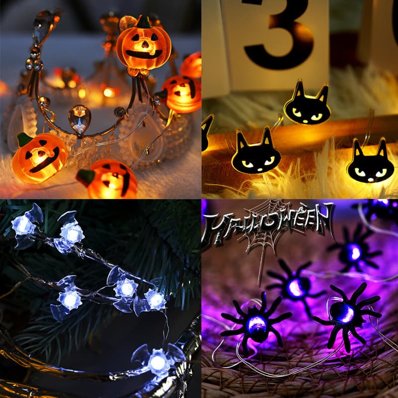 Cross-mirror LED Halloween string lights pumpkin ghost bat spider black cat haunted house holiday decoration lanterns copper wire lights