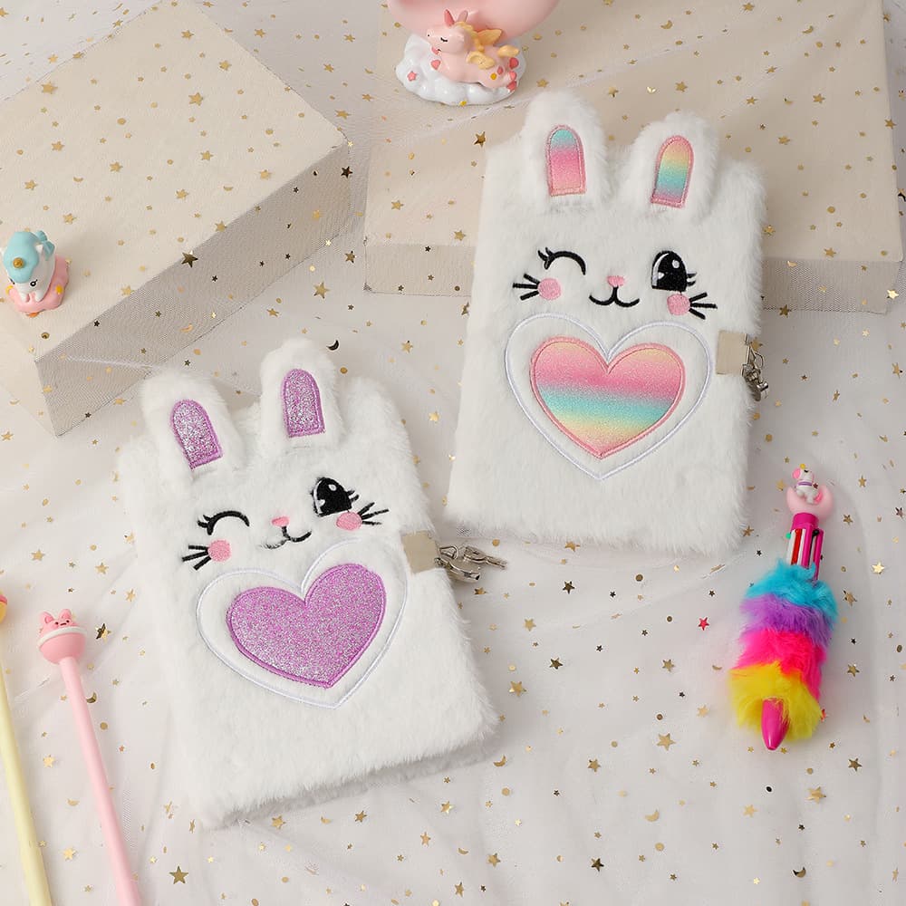 New lockable plush notebook for kids, cartoon bunny diary, cute student daily study record book