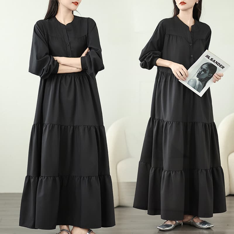 Real Shot Japanese and Korean Style Women's Street Dress Lantern Long Sleeve Hepburn Style Dress - Jin
