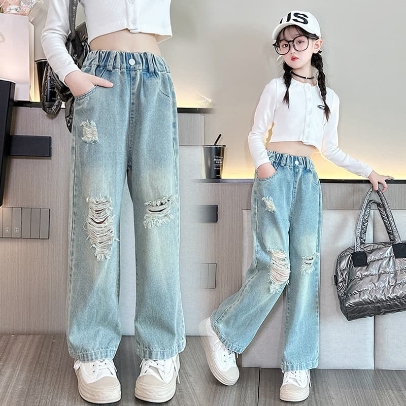 Girls' Jeans Spring/Fall 2025 New Style Trendy Casual Ripped Denim Long Pants for Older Kids Straight Leg Pants
