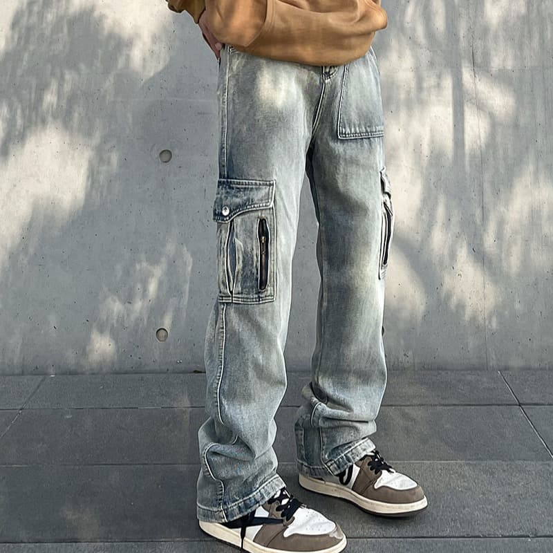 Retro American High Street Vintage Washed Multi Pocket Workwear Jeans Men's Trendy Straight Leg Pants Cotton Casual Trousers