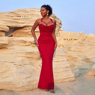 New Women Elegant Draped Metal Ring Trim Slim Open Back Cross Strapless Long Party Evening Dress