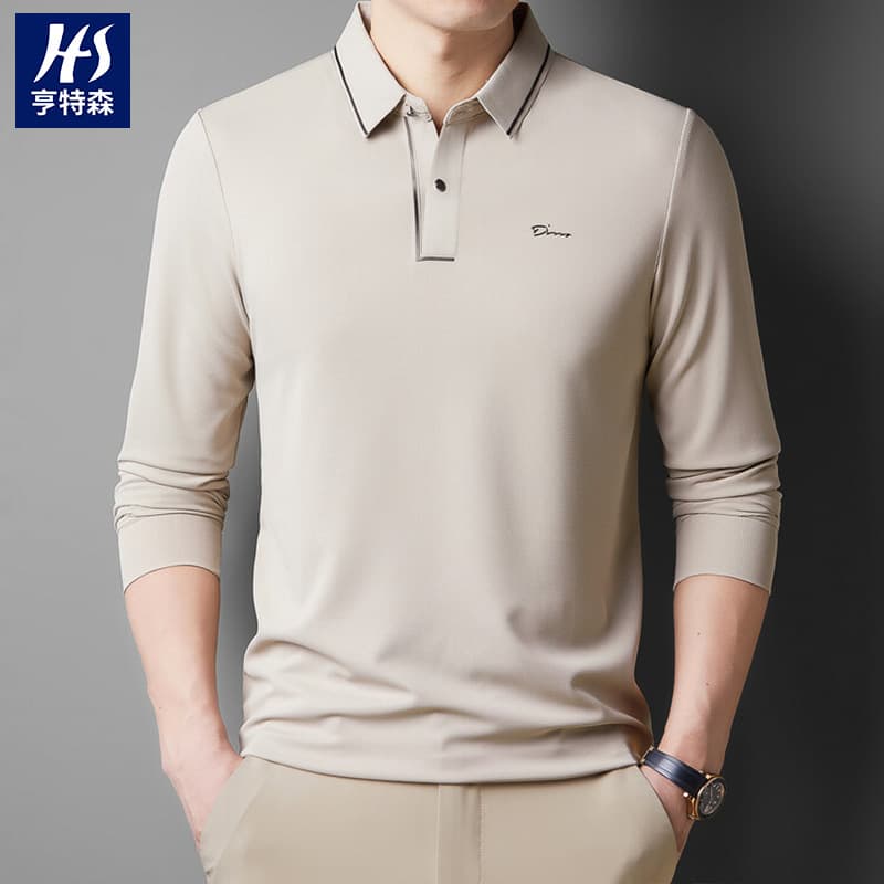 Cross-border 2025 spring new long-sleeved polo shirt for men solid color middle-aged elastic breathable lapel men's t-shirt wholesale