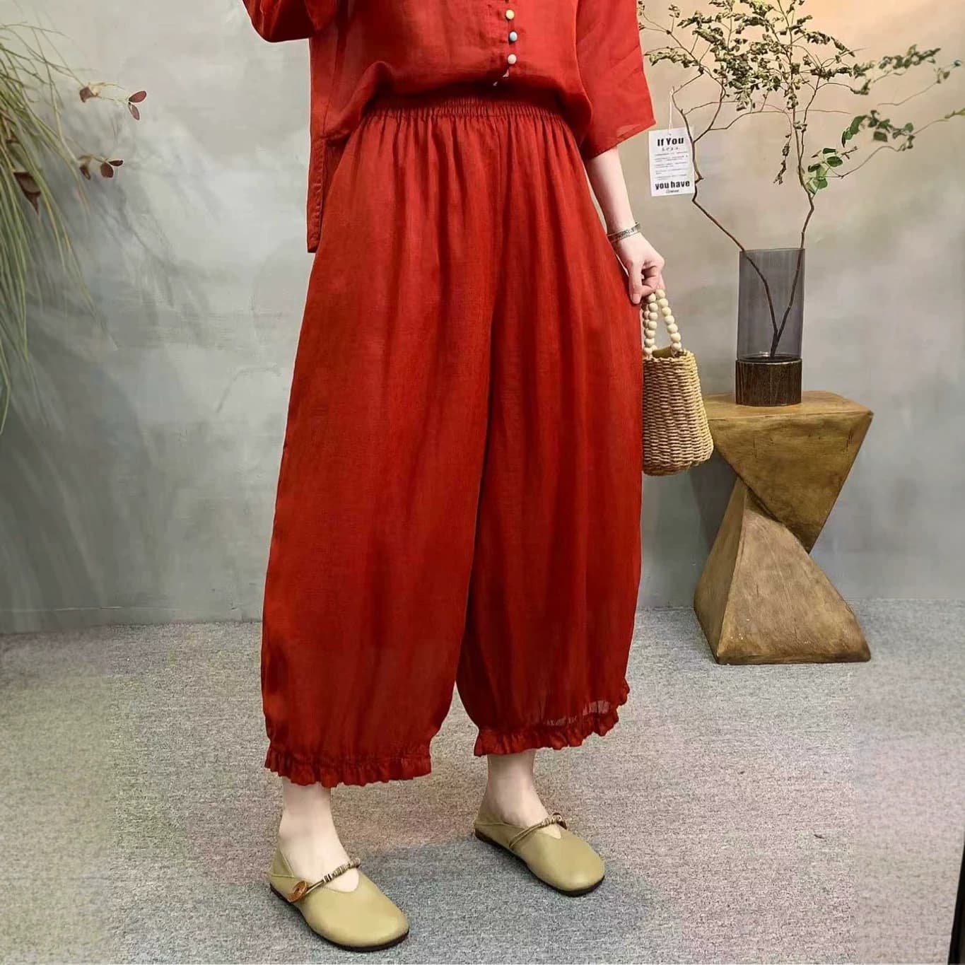 2026 Summer New Literary Fashion Ramie Lantern Pants Women Retro Loose Solid Color Elastic Waist Slimming Casual Pants