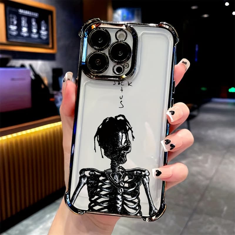 Metal Skull Four-Corner Airbag Shockproof Case for iPhone 17 Pro Max, 16 Pro, Electroplated iPhone 15