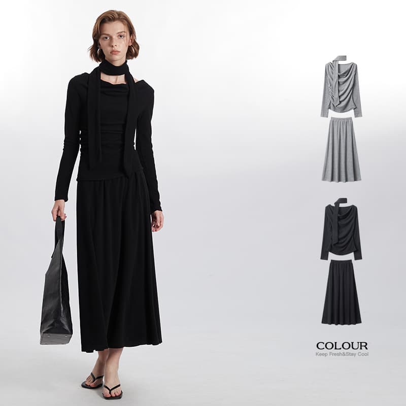 HeyHenry European and American high-end scarf top women's long-sleeve T-shirt, spring/autumn fitted suit midi skirt