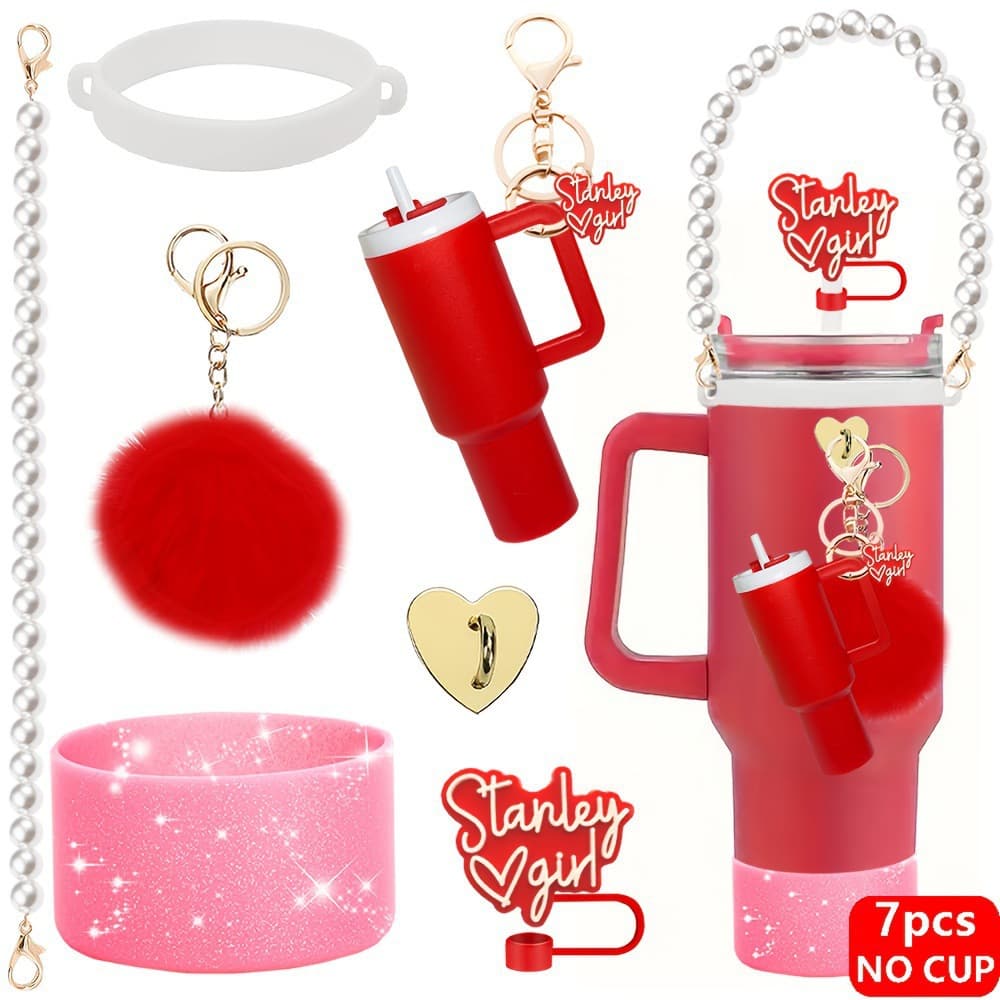 Straw Creative Cup Pearl Lid Cap Water Bottle Lanyard Silicone Ring Keychain Stanley Rope Mini Heart Chain Cup Sleeve