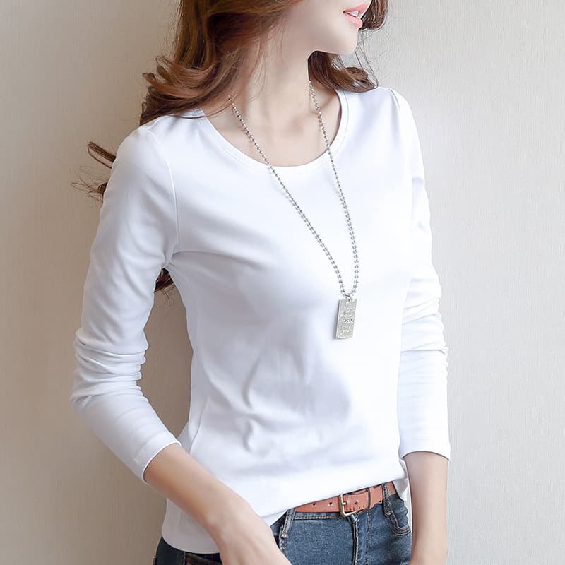 Wholesale Autumn Winter White Long Sleeve T-Shirt Women's Base Layer Slim Fit Solid Color Tee Korean Style New Top