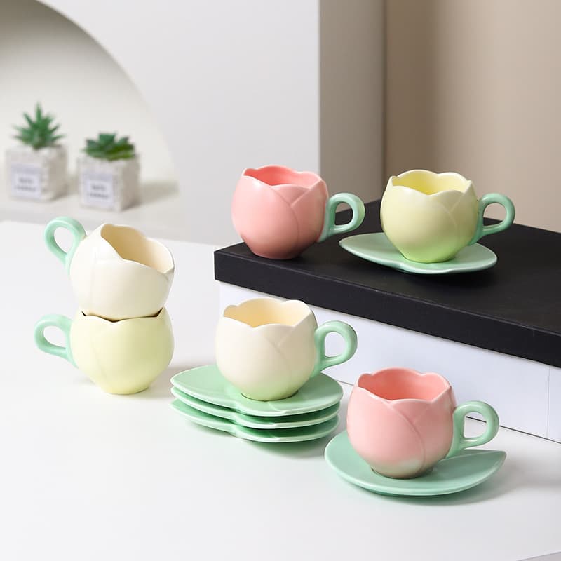 Tulip Coffee Cup Set, Household Ceramic Cappuccino Cup, Breakfast Cup & Saucer, Espresso Ceramic Coffee Cup & Saucer