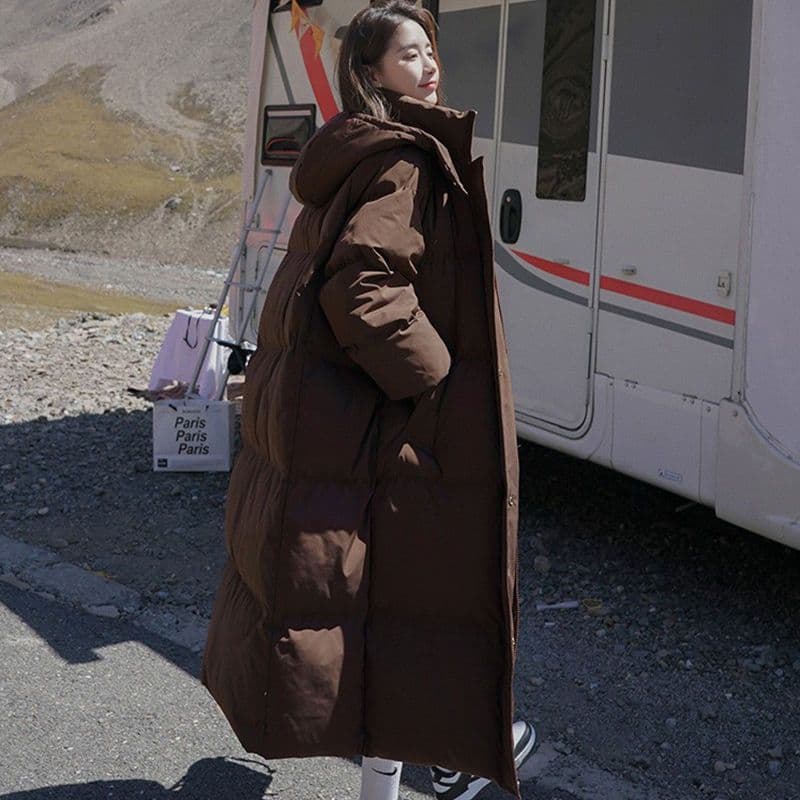 Real photos of new winter cotton-padded coat, mid-length, over-the-knee down-filled cotton-padded jacket, Korean style, loose fit, thickened hooded cotton-padded coat.