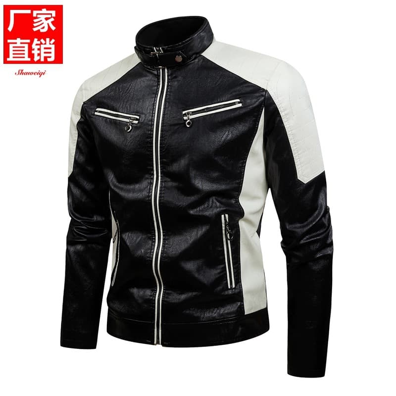 Cross-border Trade Leather Jacket Color-block Stand Collar PU Leather Motorcycle Jacket Spring Autumn Thin Casual Leather Jacket Men eBay