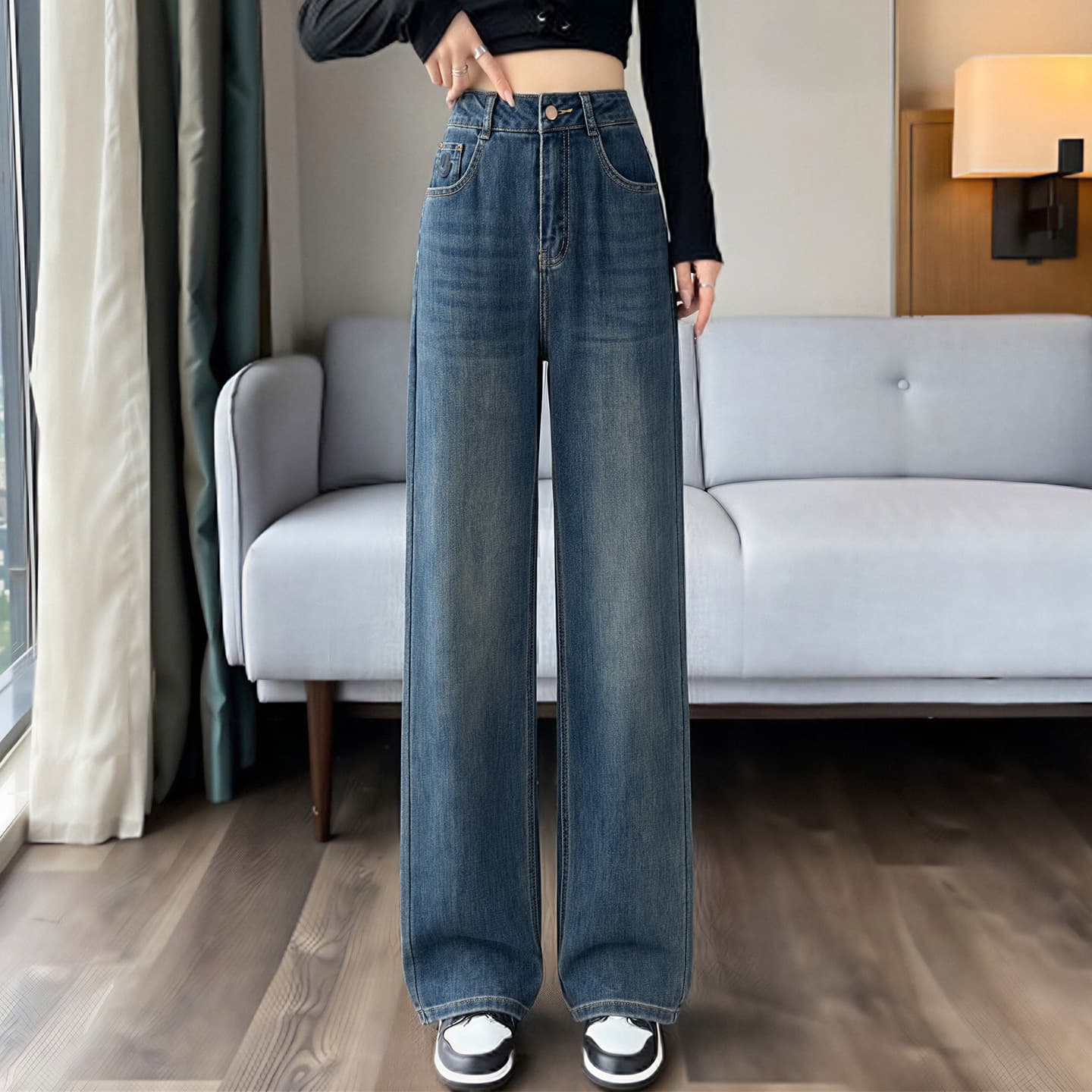 Fashionable Versatile Wide-Leg Jeans for Women Spring Autumn High-Waist Loose Straight-Leg Retro Hip-Covering Vintage Flowing Floor-Length Pants