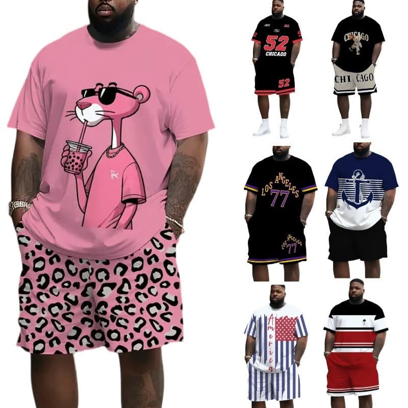Cross-border European and American large size summer T-shirt shorts suit pattern cartoon 3D digital printing casual beach shorts suit