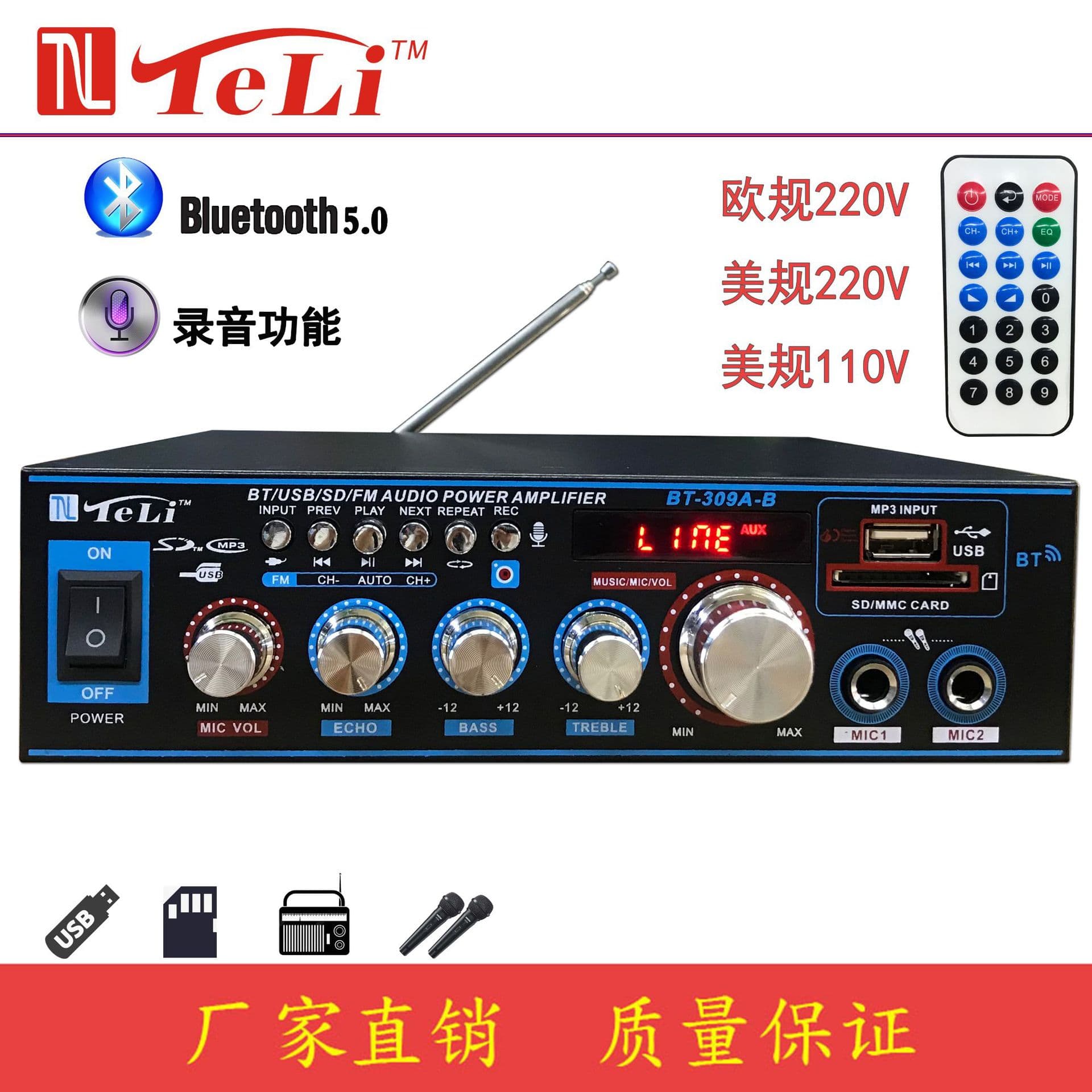 Upgraded Version Mini Amplifier with Recording and Bluetooth Function, Home Use Radio Amplifier, Cross-border Machine
