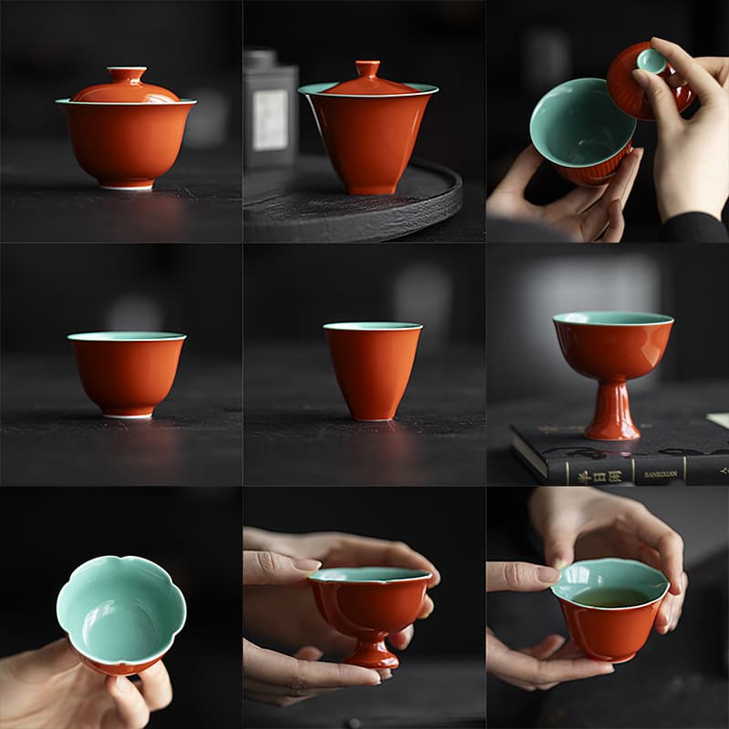 Mo Ji Palace Red Inner Glaze Turquoise Green Kung Fu Tea Set Ceramic Lidded Bowl Teapot Tea Cup Pot Stand Tea Ceremony Accessories Collection