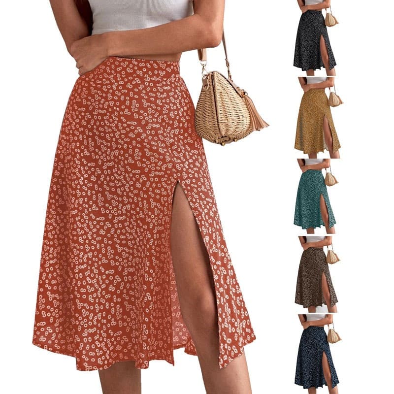 2025 Summer European and American Floral Print Skirt Amazon Export Split A-Line Bodycon Mid-Waist Long Skirt Large Hem