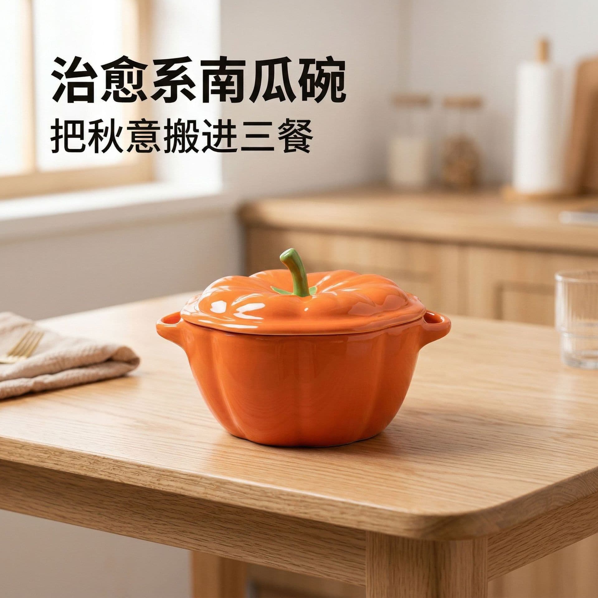 Creative Cute Pumpkin Egg Steaming Bowl with Lid, Home Stew Pot Ceramic Double-handle Soup Bowl Rice Bowl Baby Food Bowl