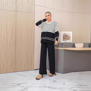 New European and American Cross-Border Casual Fashion Women's Autumn/Winter Knitted Striped Sweater Straight-Leg Wide-Leg Pants Two-Piece Set