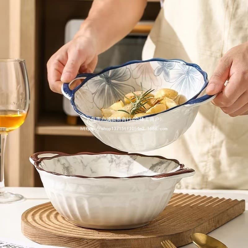 High-Aesthetic Viral Hot-Selling Large Soup Bowl with Double Handles and Floating Floral Rim, Household Underglaze Color Ramen Bowl, Heat-Resistant Factory Direct