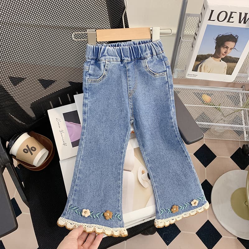 Girls Pants Spring 2025 New, Baby Floral Lace Long Pants, Kids Denim Flare Pants