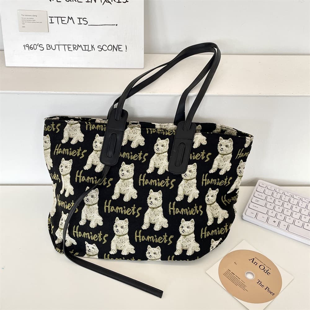010192 Jacquard Dog Tote Bag with Leather Shoulder Strap, Vintage Vibe, Girly Commuter Handheld Laptop Canvas Bag
