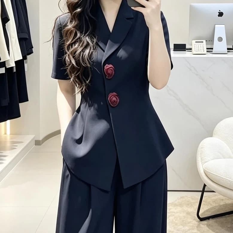 French-style short-sleeve thin suit set, navy wide-leg pants, plus-size women's clothing, other